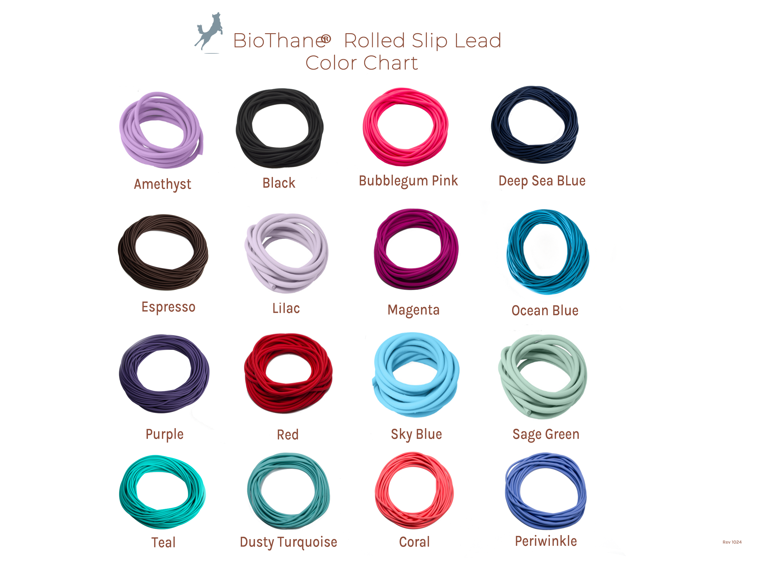 BioThane waterproof rolled slip leash color chart - available colors - Vivid Canine