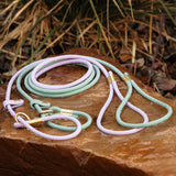 Two Waterproof BioThane rolled slip leads with brass hardware pictured on a rock outdoors