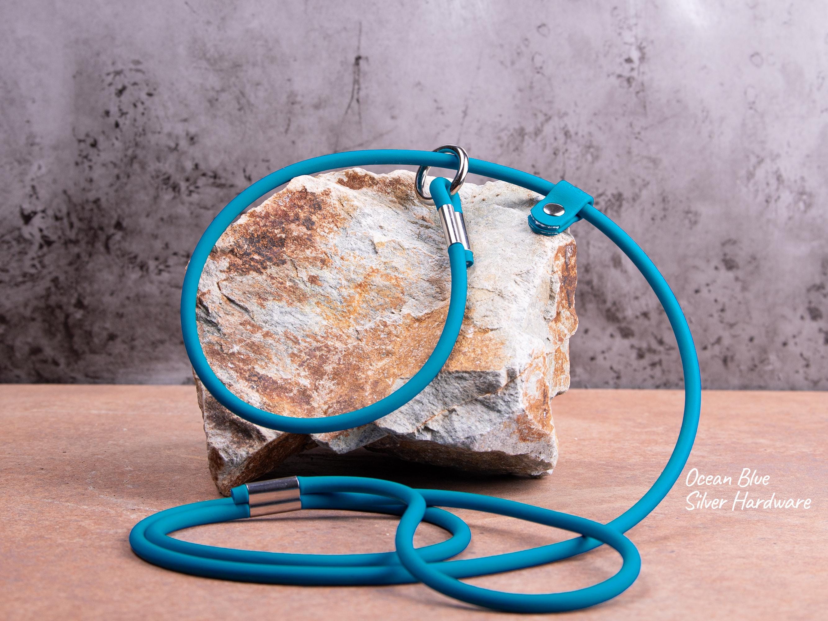 Waterproof BioThane rolled slip lead in ocean blue color with stainless steel and nickel-plated hardware