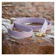A lilac-colored Biothane waterproof dog leash with a gold-colored metal buckle, laid out on a rocky surface by Vivid Canine.