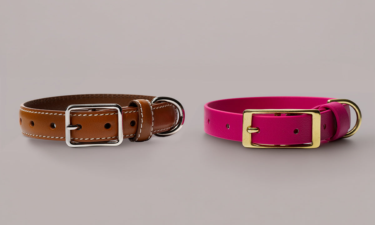 Side-by-side comparison of a tan leather dog collar and a pink BioThane® dog collar