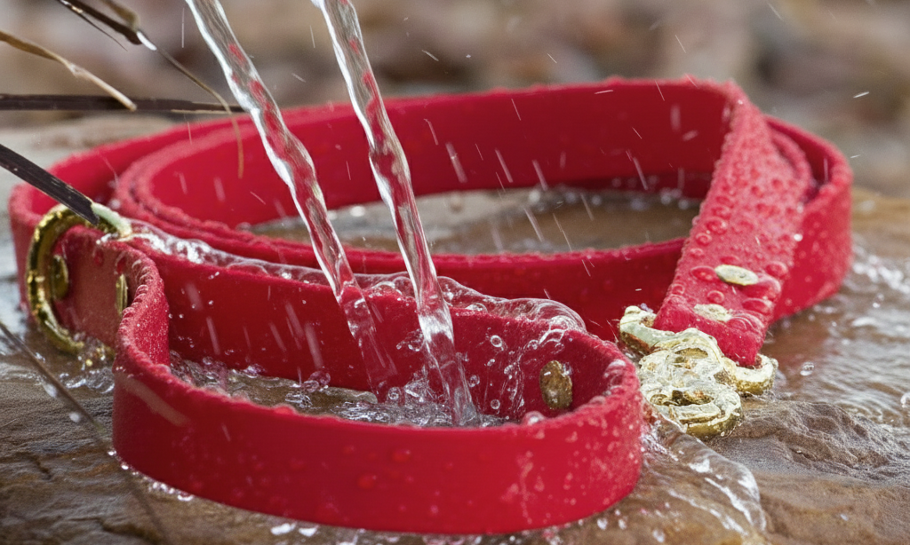 Red BioThane waterproof dog collar with water running off demonstrating easy cleaning