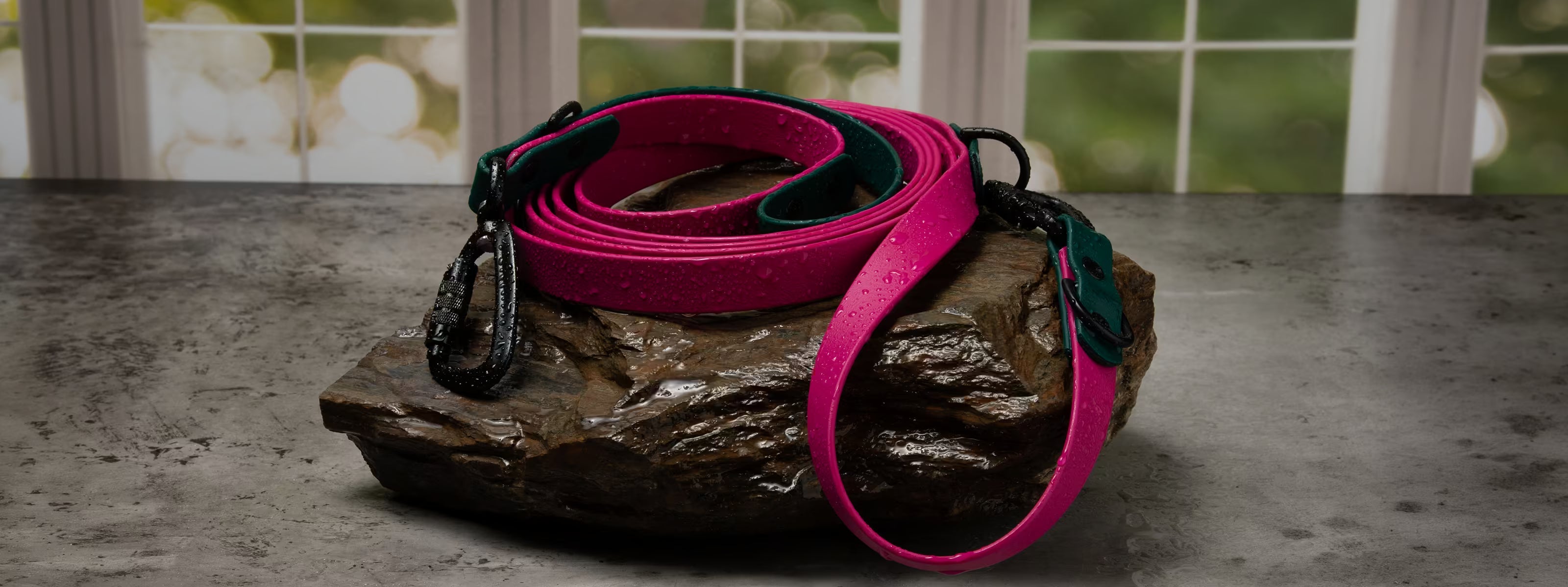 BioThane Hands Free dog leash in magenta and emerald with black carabiner with water droplets laying on a rock surface