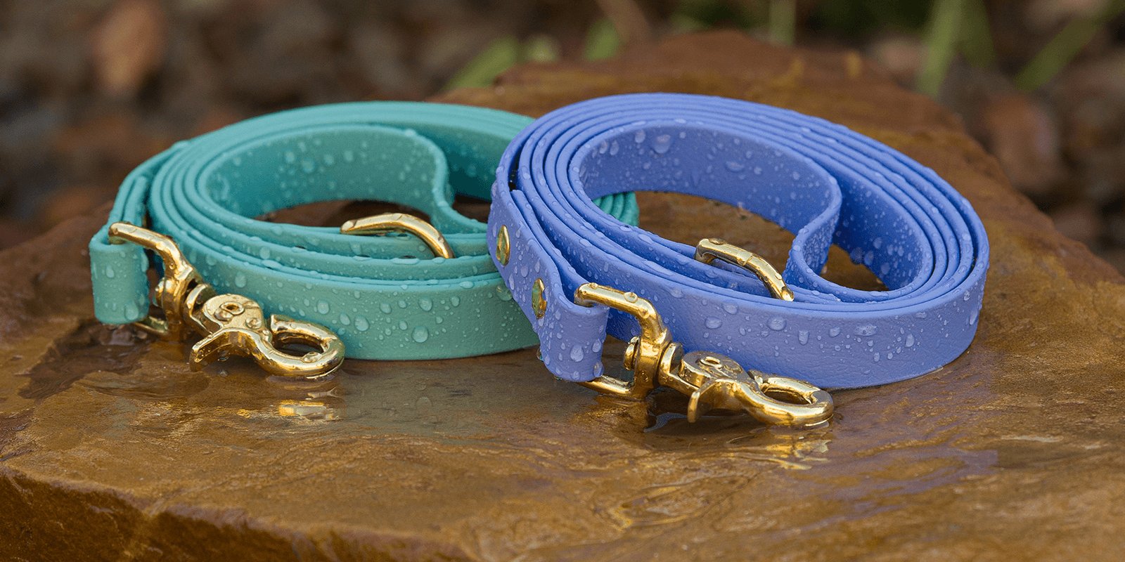 BioThane traditional dog leash in dusty turquoise and periwinkle with brass hardware - waterproof and odor-resistant