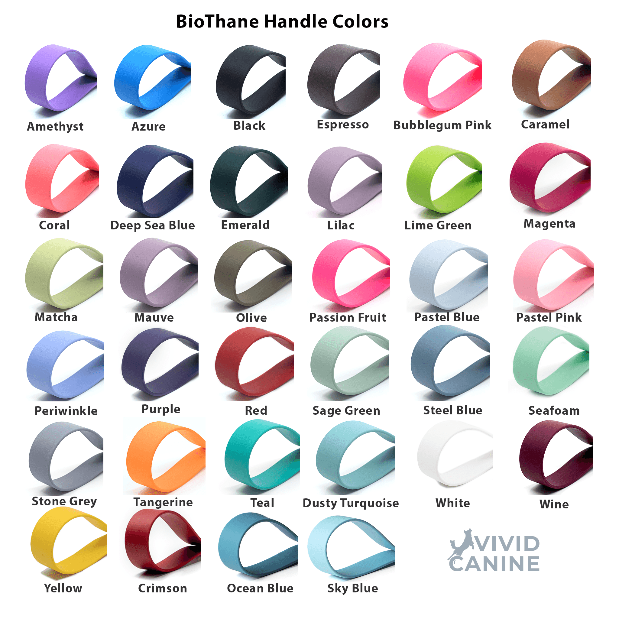 BioThane® standard handle available in multiple colors — waterproof design by Vivid Canine