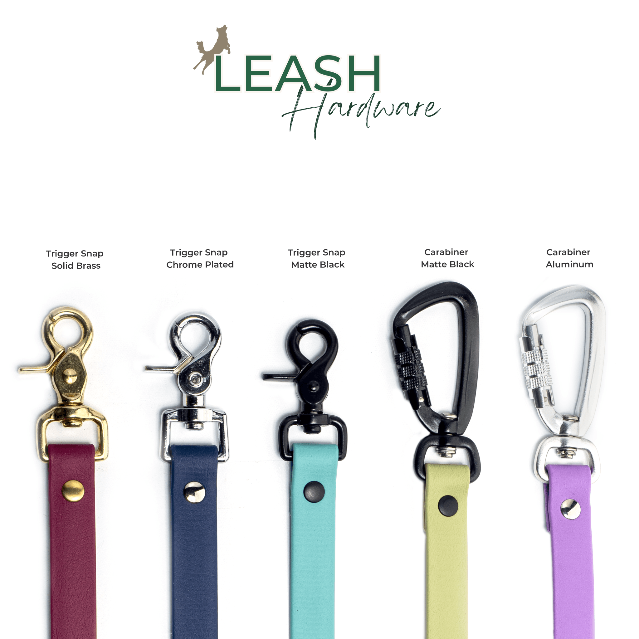 a collection of five different types of dog leashes, each with a unique color and design, arranged in a row.