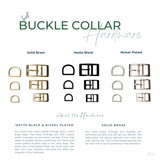 Vivid Canine BioThane® buckle dog collar hardware options - brass, black, and nickel-plated buckles
