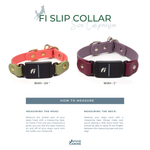Two Fi slip dog collars with size comparison and measurement guide on a white background.