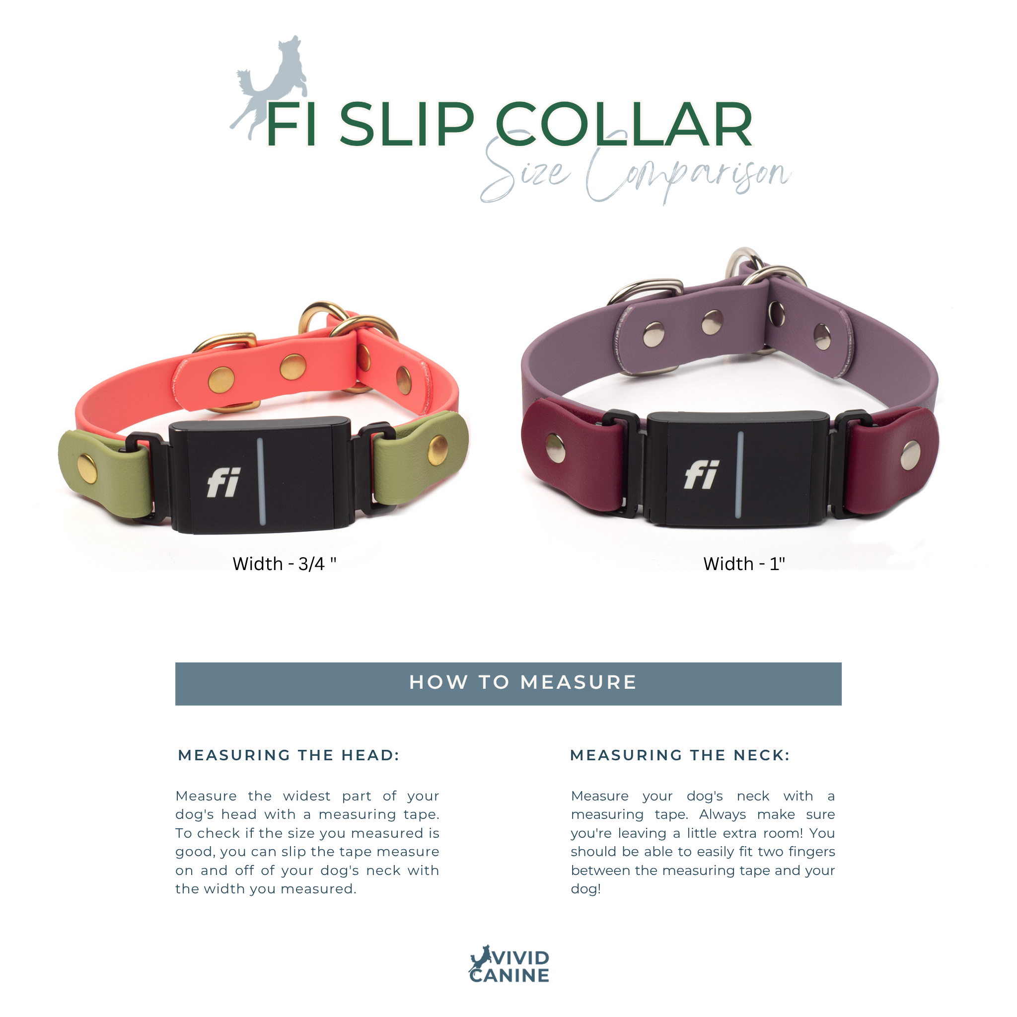 Fi slip collar width size comparison with 3/4 and 1 inch widths on a white background