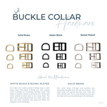 Vivid Canine BioThane® buckle dog collar hardware options - brass, black, and nickel-plated buckles