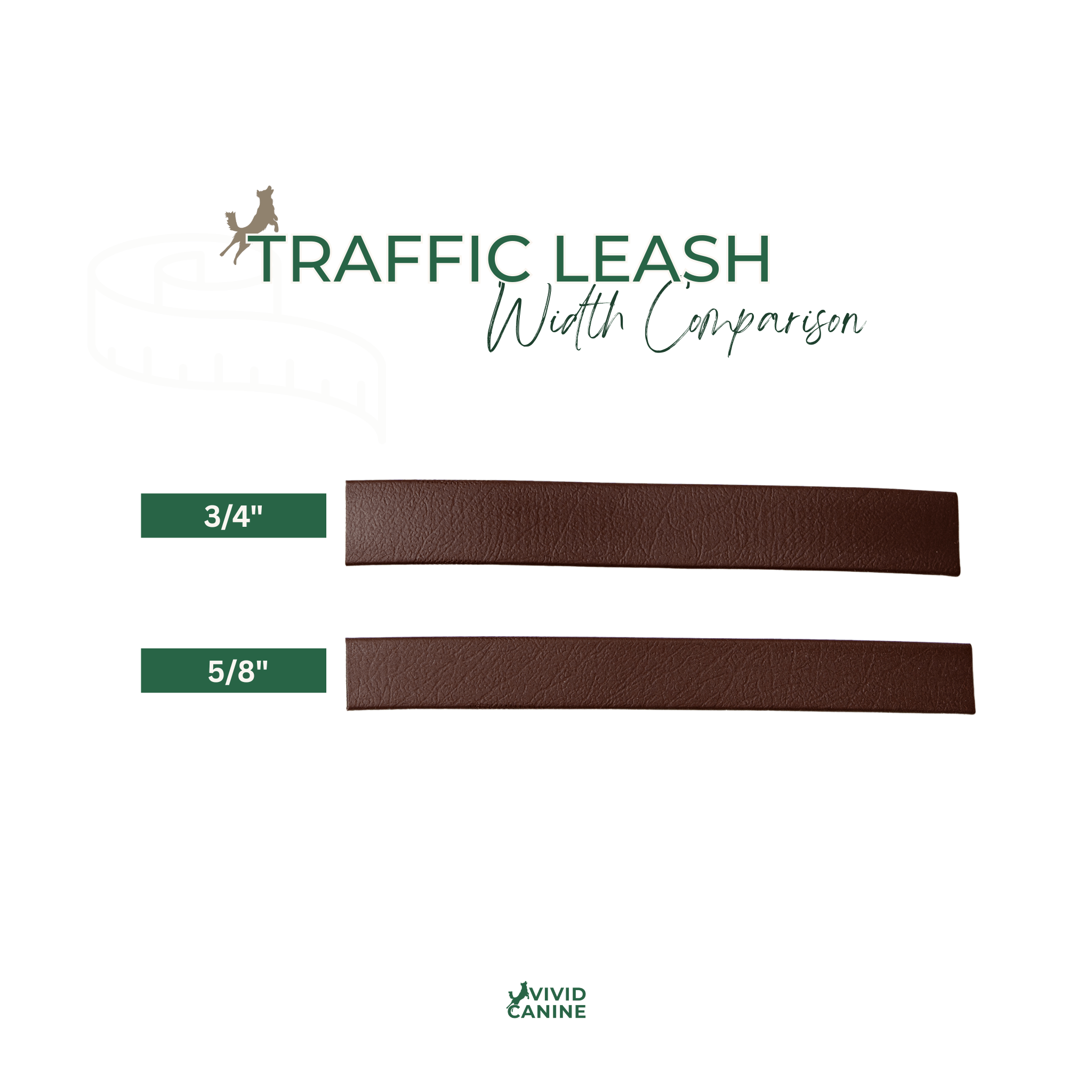 The image is a comparison of two different leather leashes, with one leash being 3/4" wide and the other being 5/8" wide.
