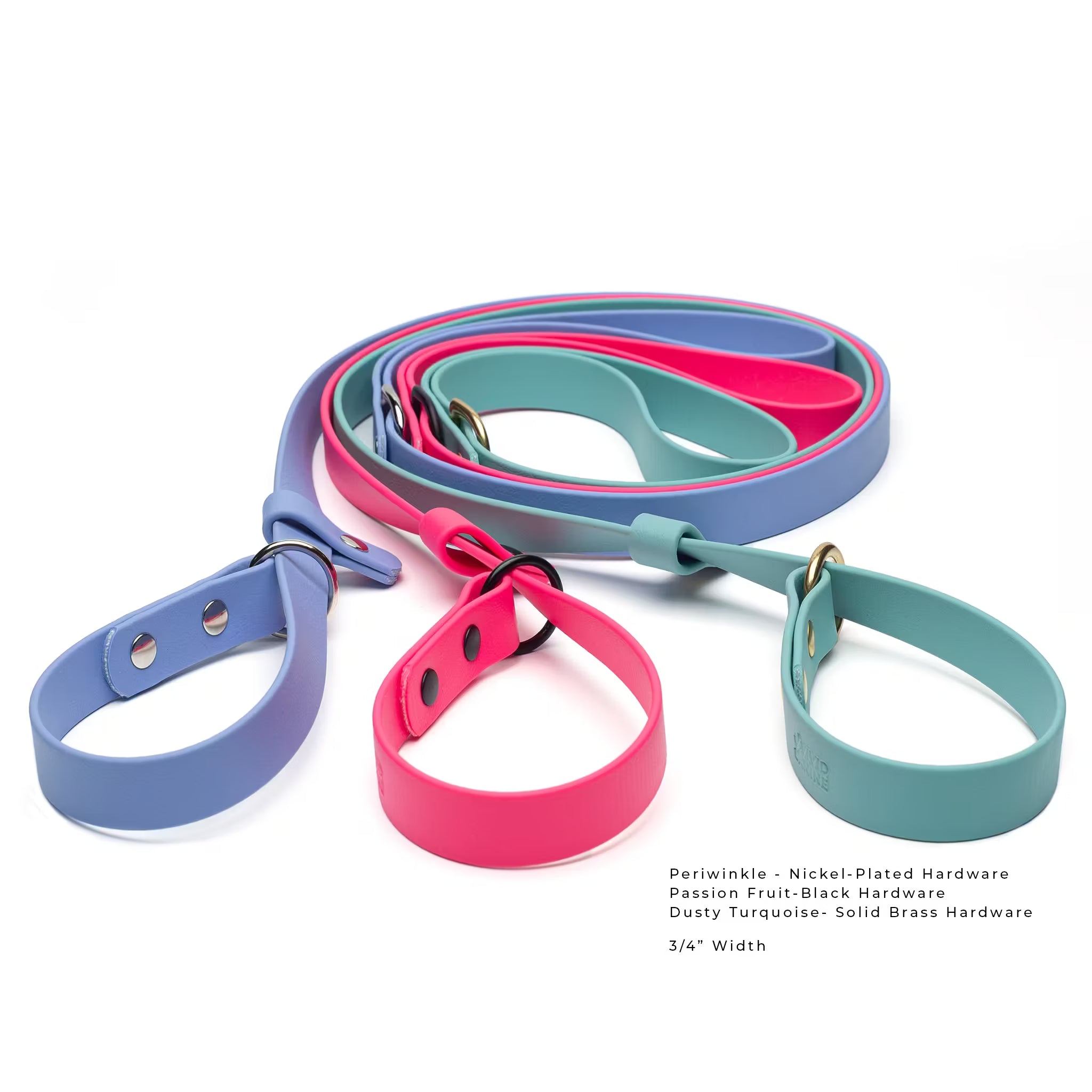 BioThane waterproof slip dog leash with nickel-plate, matte black and brass hardware options showing colors of each