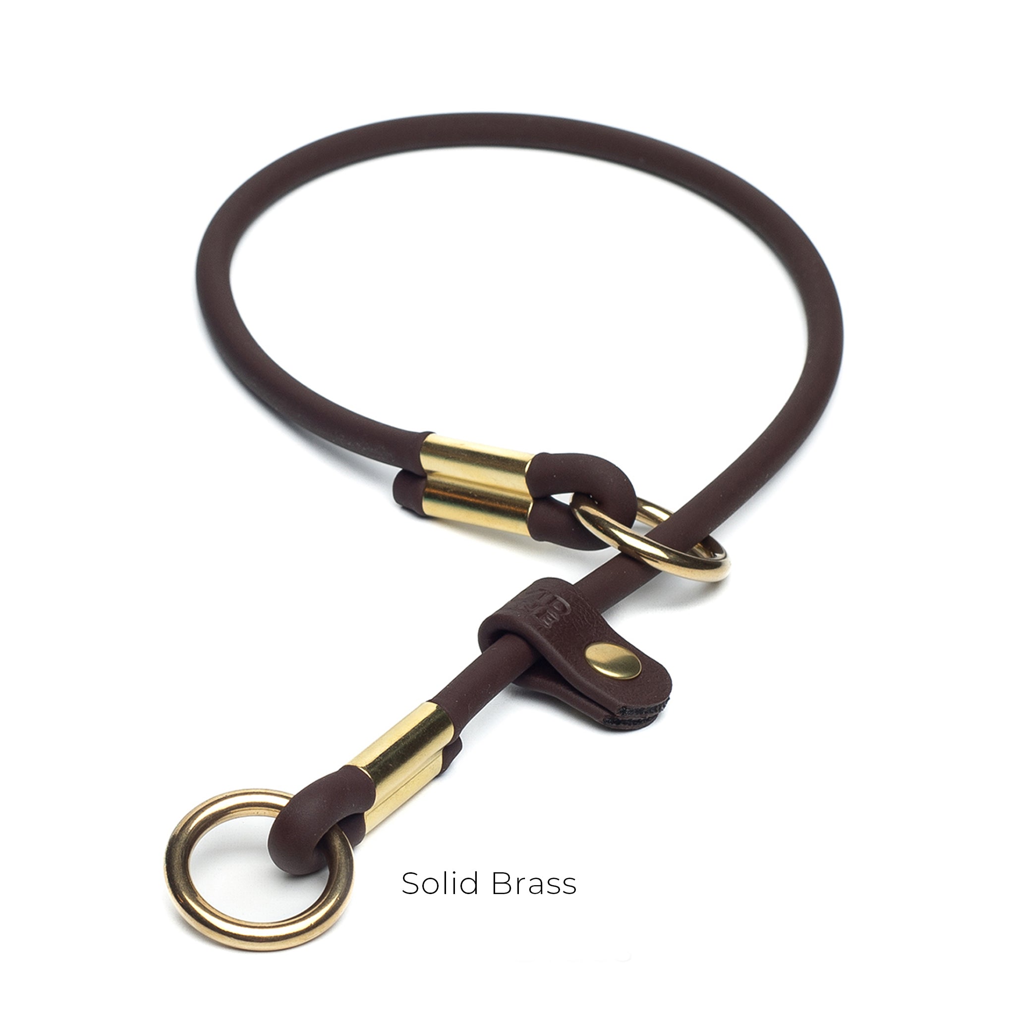Brown dog slip collar with brass hardware on a white background
