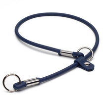 Navy blue dog slip collar with silver hardware on a white background