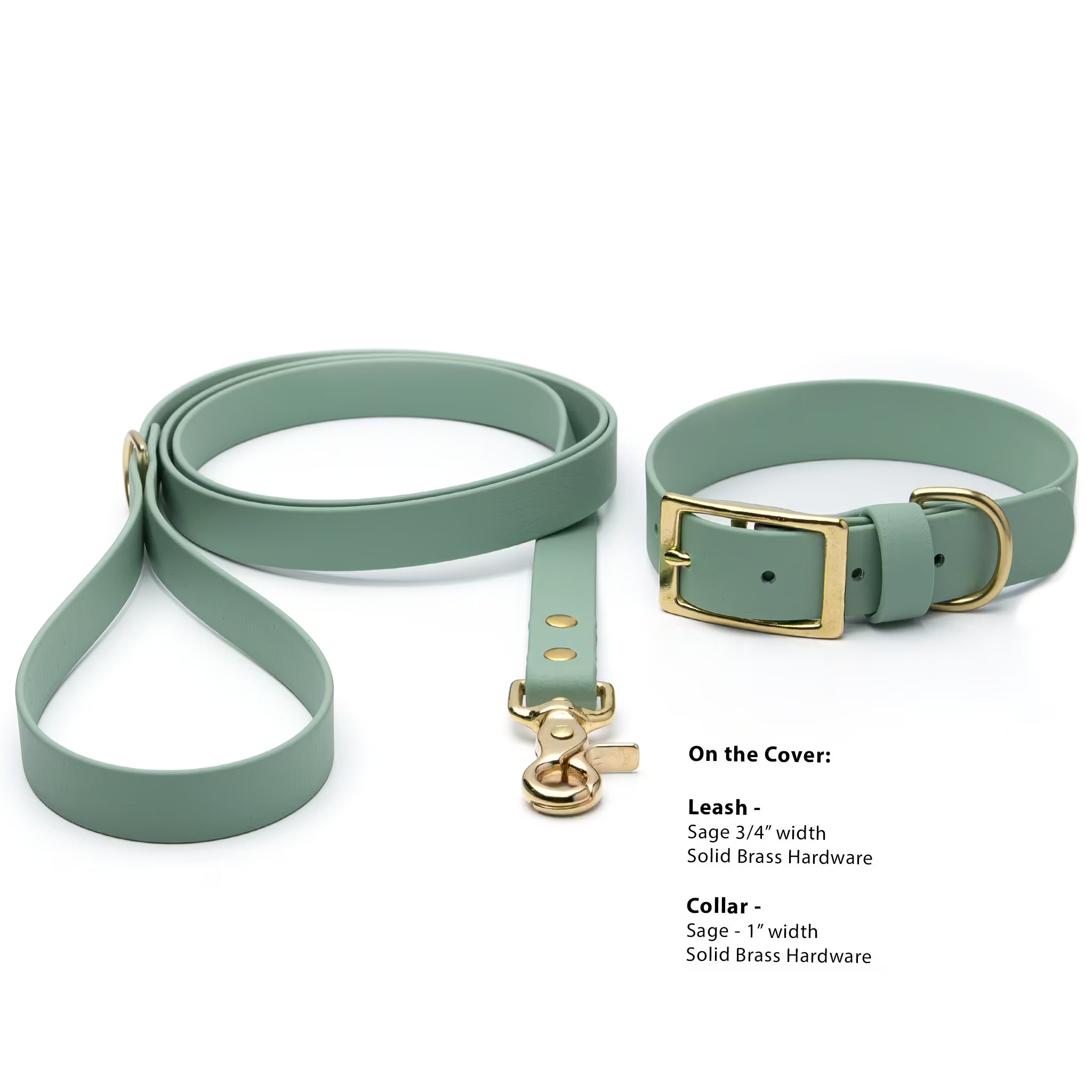 BioThane dog leash and collar set with labeled specifications showing width, color, and hardware type
