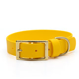 Yellow Biothane dog collar with a brass buckle on a white background