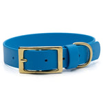 Azure blue biothane buckle dog collar with brass hardware