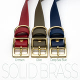 Vivid Canine BioThane® buckle dog collar hardware option in solid brass on a white background