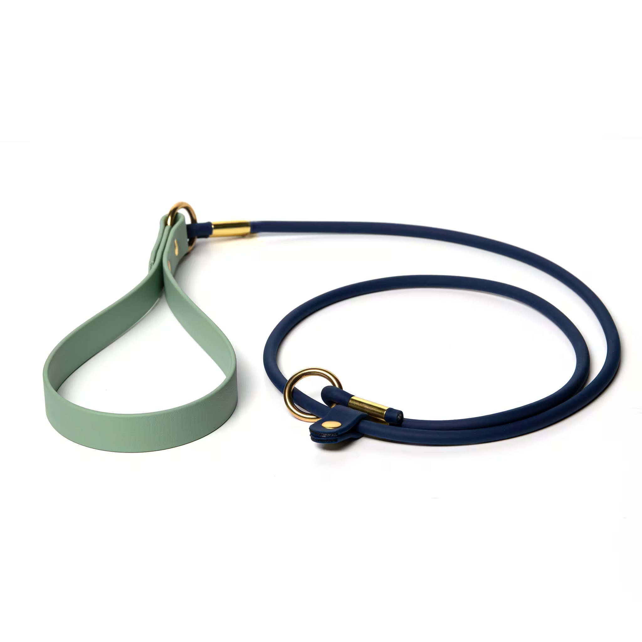 BioThane rolled slip dog leash with standard handle in sage and deep sea blue with brass hardware