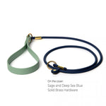 BioThane rolled slip dog leash with standard handle in sage and deep sea blue with brass hardware