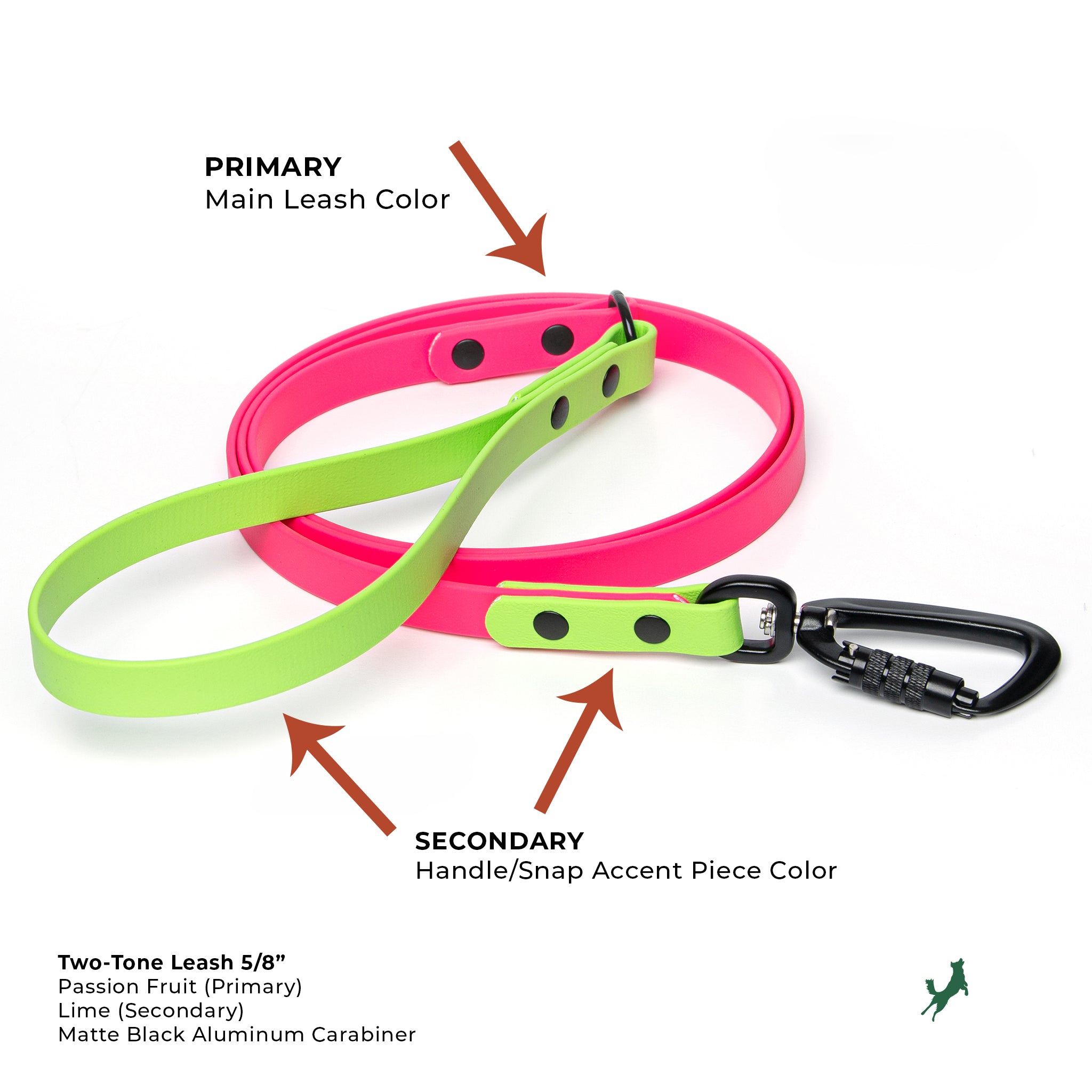 5/8" BioThane® waterproof two-tone dog leash by Vivid Canine with hardware detail