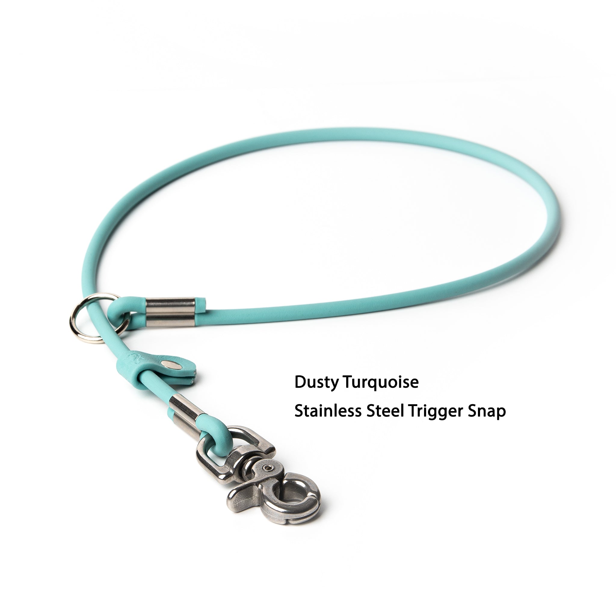 BioThane® slip-style grooming loop detail shot with text overlay — professional dog grooming gear