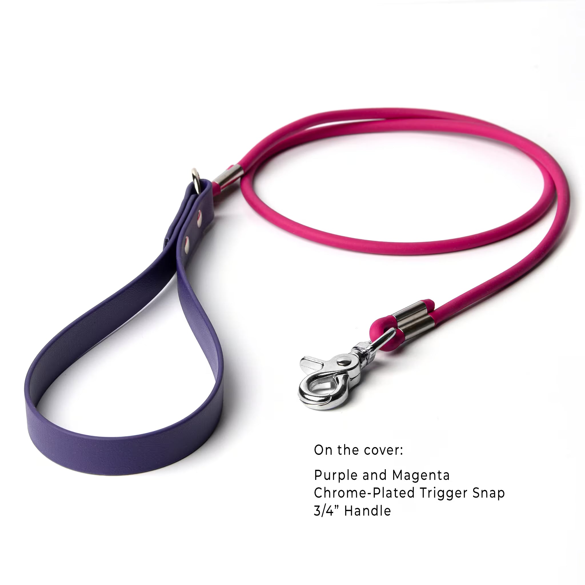 Waterproof rolled BioThane leash in purple and magenta with chrome plated trigger snap detail