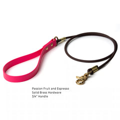 Lightweight rolled dog leash with comfortable BioThane handle with brass hardware