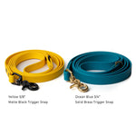 Waterproof BioThane standard leash in yellow and ocean blue with brass and matte black trigger snap hardware