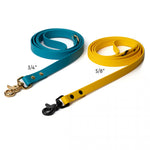 Waterproof BioThane standard leash in yellow and ocean blue in 5/8 and 3/4 widths with brass and matte black trigger snap hardware