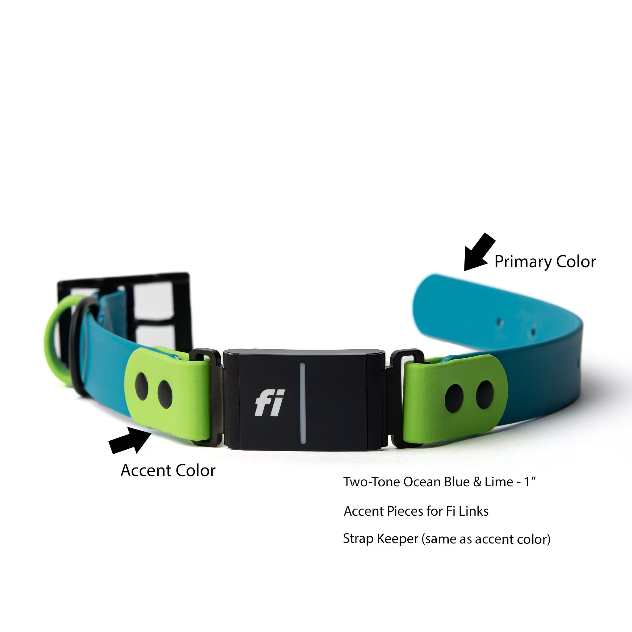 Two-tone Ocean Blue and Lime fi-compatible dog collar with a black buckle. The collar is 1 inch wide and features accent pieces and a strap keeper in lime green. The primary color is ocean blue.