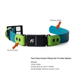 Two-tone Ocean Blue and Lime fi-compatible dog collar with a black buckle. The collar is 1 inch wide and features accent pieces and a strap keeper in lime green. The primary color is ocean blue.