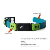 Two-tone Ocean Blue and Lime fi-compatible dog collar with a black buckle. The collar is 1 inch wide and features accent pieces and a strap keeper in lime green. The primary color is ocean blue.