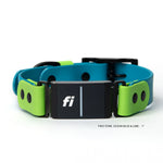 Fi Series 3 inline buckle collar in ocean blue and lime green BioThane® — waterproof dog collar with integrated Fi GPS module and product information