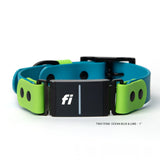 Fi Series 3 inline buckle collar in ocean blue and lime green BioThane® — waterproof dog collar with integrated Fi GPS module and product information