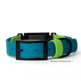 Two-tone blue and lime green fi inline dog collar with black buckle on a white background