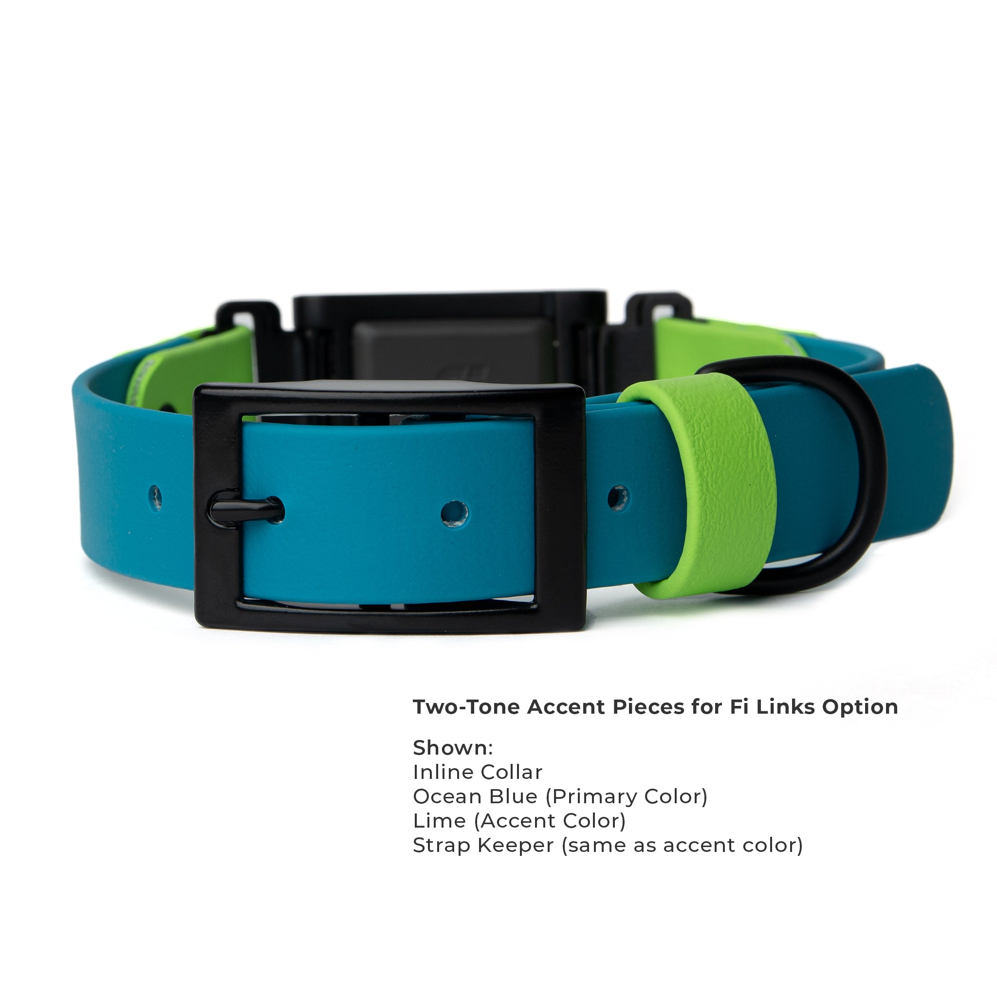 Two-tone blue and lime green fi inline dog collar with black buckle on a white background