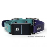 Dusty turquoise and purple two-tone BioThane® Fi Series 3/3+ inline collar showing Fi device attachment — flat lay — Vivid Canine