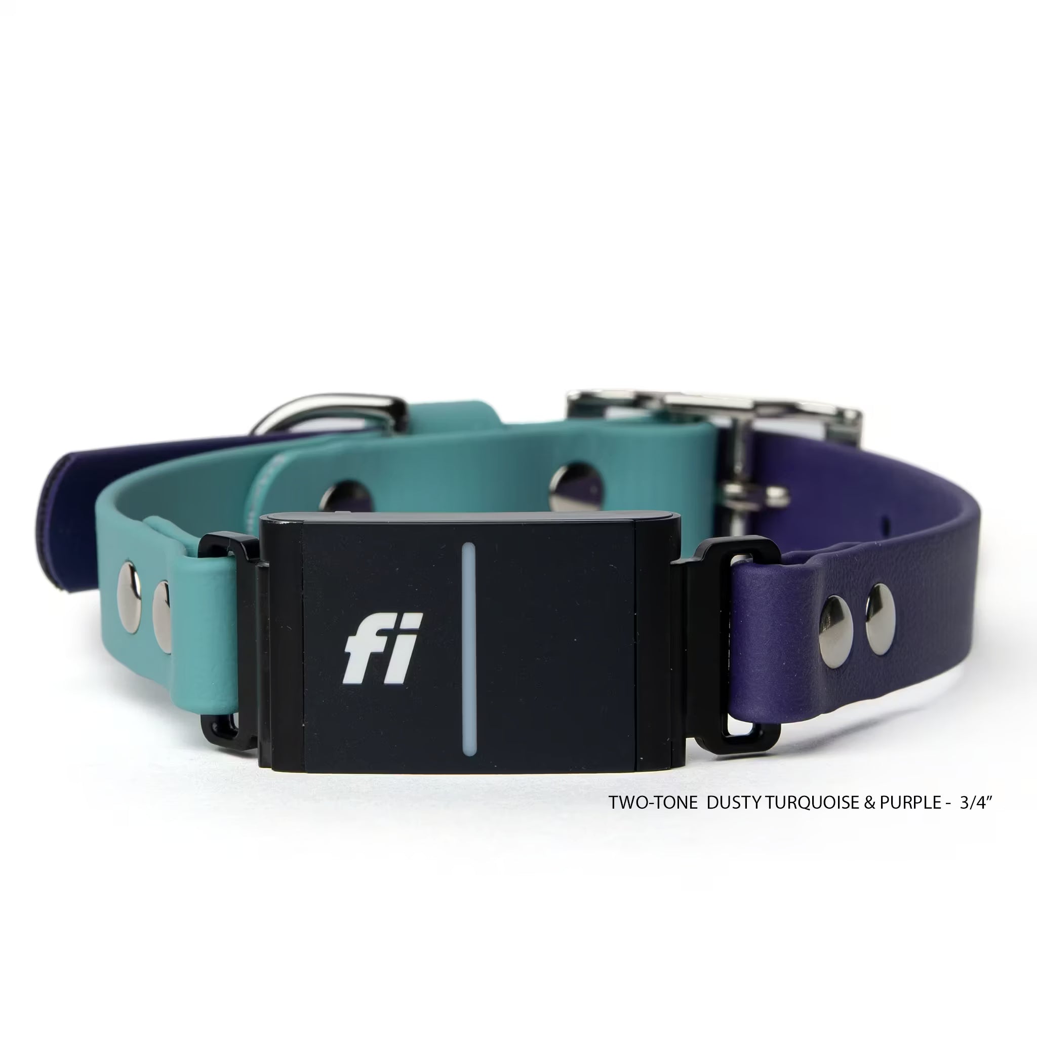 Dusty turquoise and purple two-tone BioThane® Fi Series 3/3+ inline collar showing Fi device attachment — flat lay — Vivid Canine