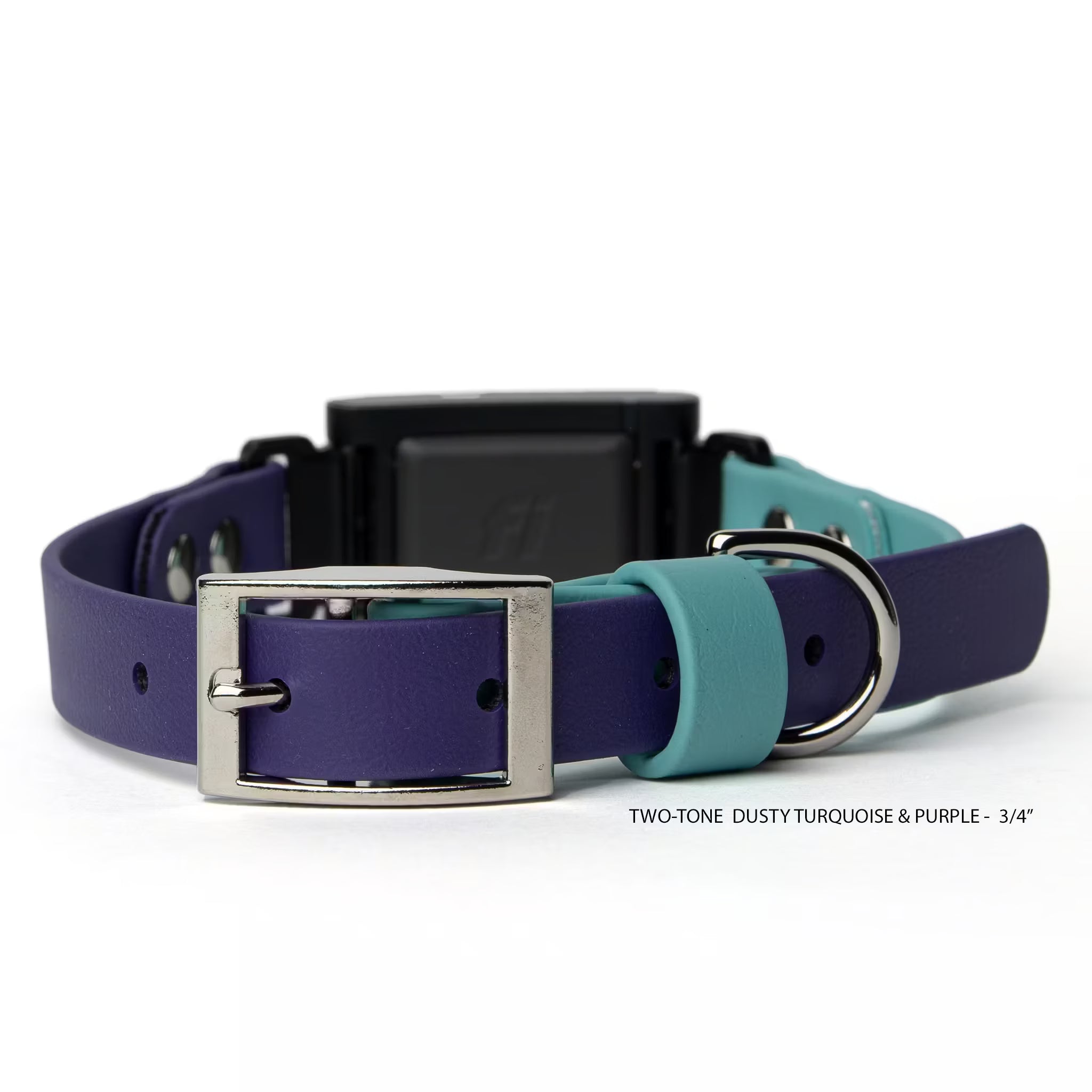 Dusty turquoise and purple two-tone BioThane® Fi Series 3/3+ inline collar in 3/4" width showing buckle hardware — flat lay — Vivid Canine
