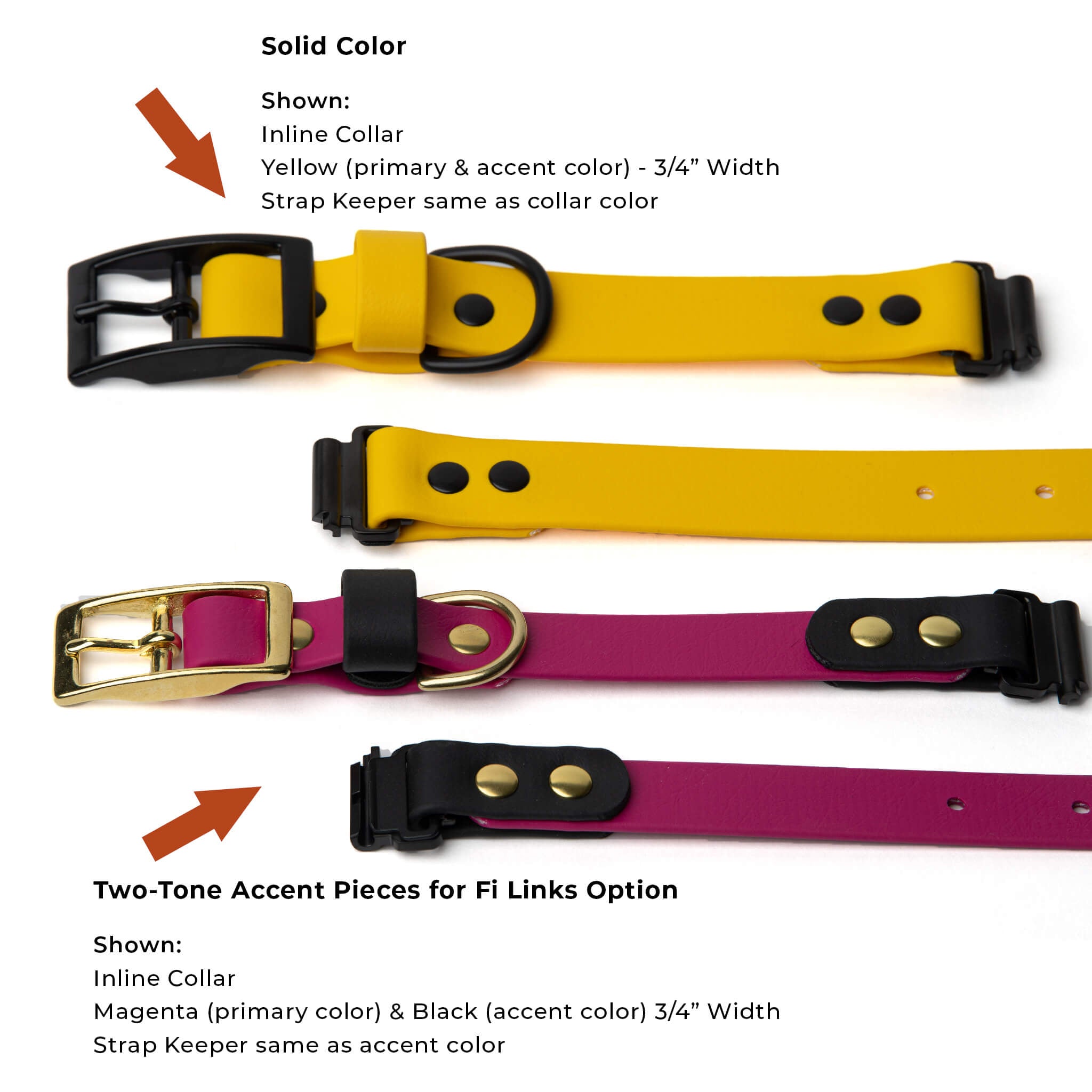 Yellow 1-inch and magenta black 3/4-inch BioThane® Fi Series 3/3+ inline collars showing buckle side and opposite side - Vivid Canine