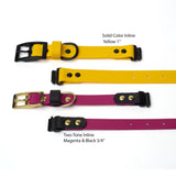 Yellow 1-inch and magenta black 3/4-inch BioThane® Fi Series 3/3+ inline collars showing buckle side and opposite side — flat lay — Vivid Canine