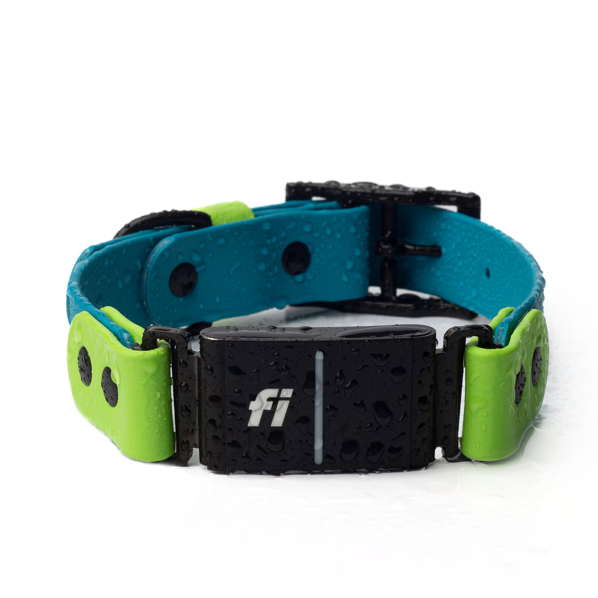 Fi Series 3 inline buckle collar in ocean blue and lime green BioThane® — waterproof dog collar with integrated Fi GPS module