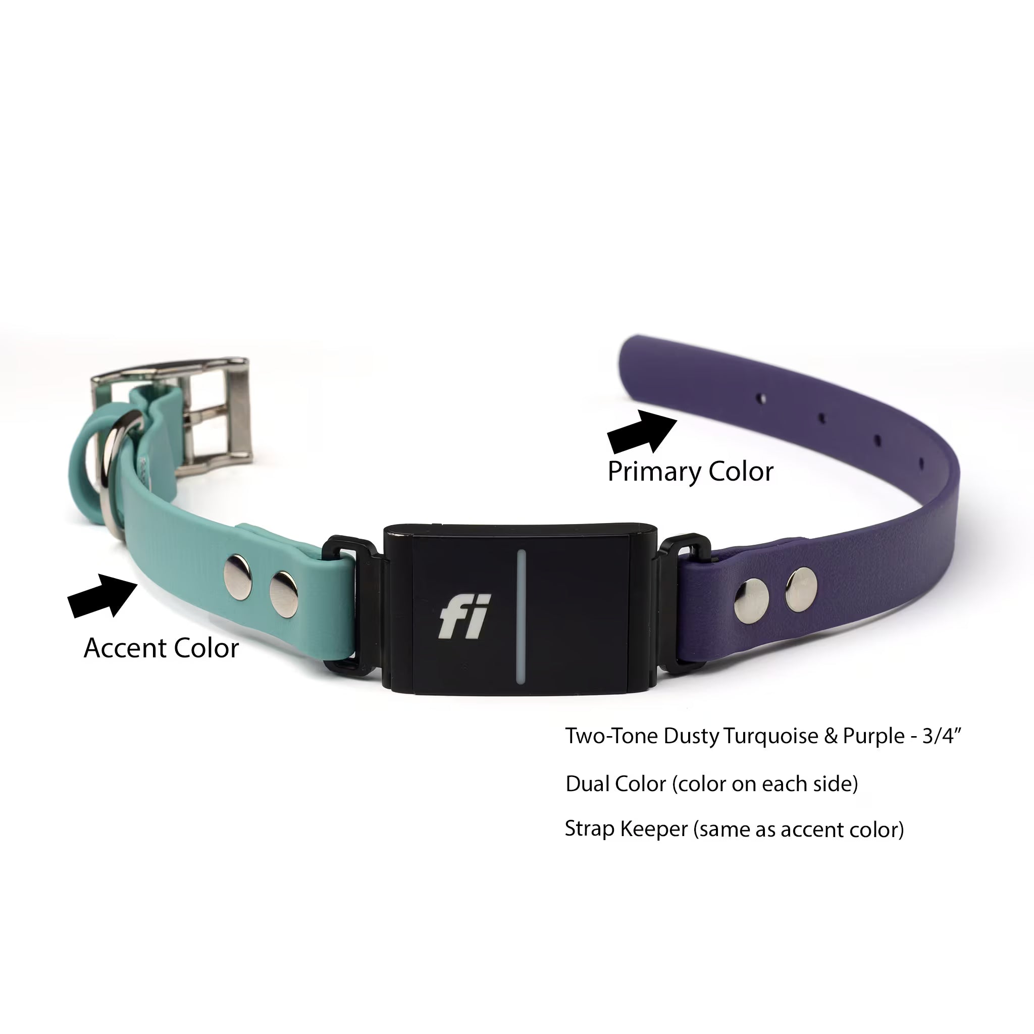 Two-tone Dusty Turquoise fi-compatible dog collar with a nickel-plated buckle. The collar is 3/4 inch wide and features a strap keeper in dusty turquoise. 