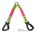 Two-Tone BioThane waterproof coupler in passion fruit and lime with matte-black hardware and matte-black carabiner on a white background