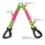 Two-Tone BioThane waterproof coupler in passion fruit and lime with matte-black hardware and matte-black carabiner on a white background
