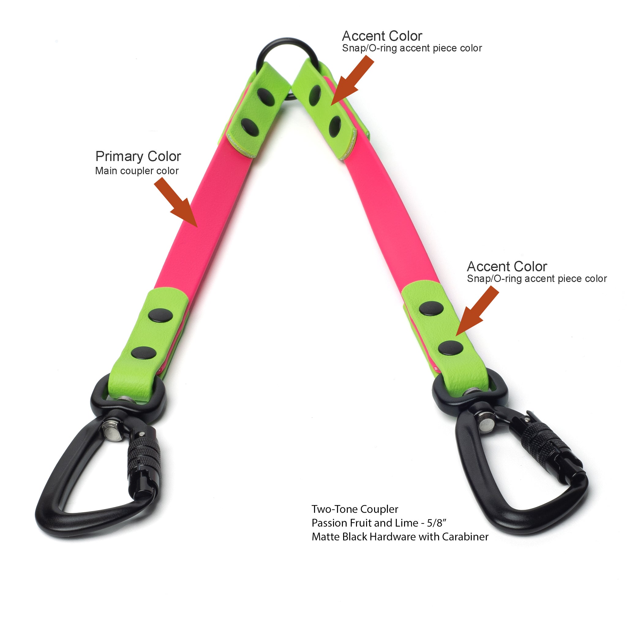 Two-Tone BioThane waterproof coupler in passion fruit and lime with matte-black hardware and matte-black carabiner on a white background