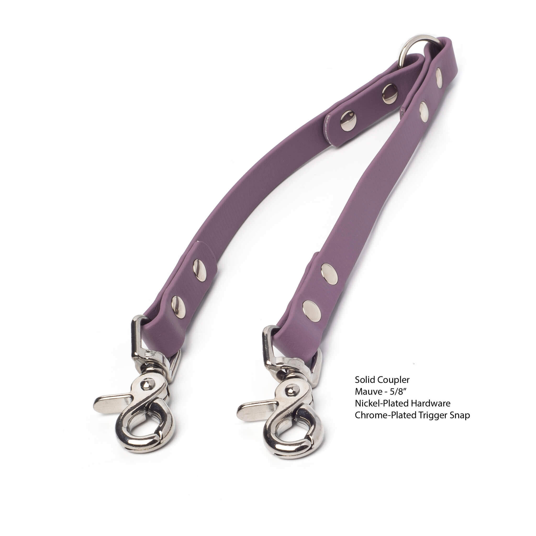 Mauve BioThane waterproof coupler with chrome-plated trigger snap and nickel-plated hardware on a white background