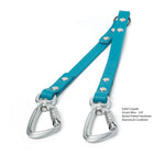 Solid BioThane waterproof coupler in ocean blue with nickel-plated hardware and aluminum carabiner on a white background