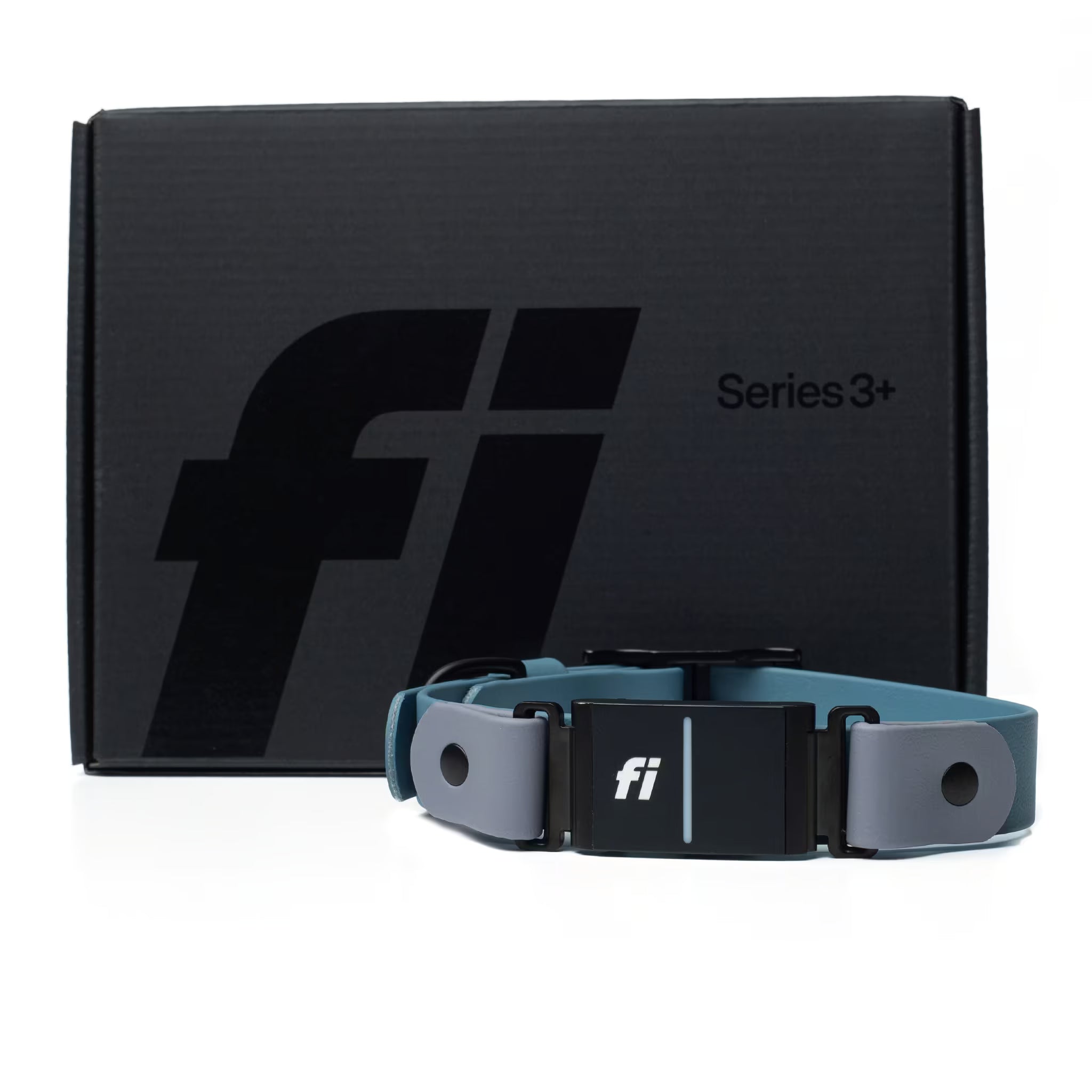 Fi Series 3+ GPS collar bundle — black Fi box with blue BioThane® buckle dog collar on white background